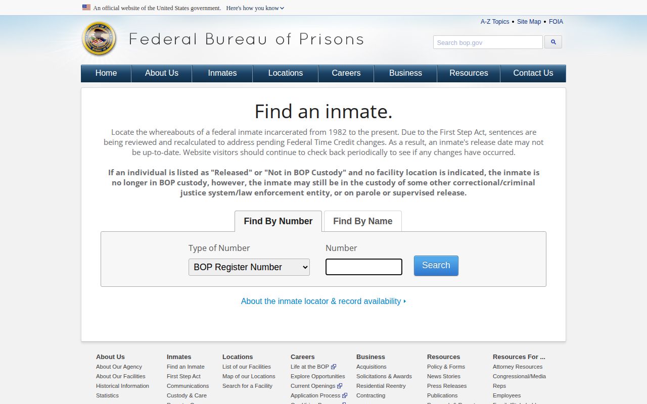 Federal BOP search fields for a Franklin County custody transfer